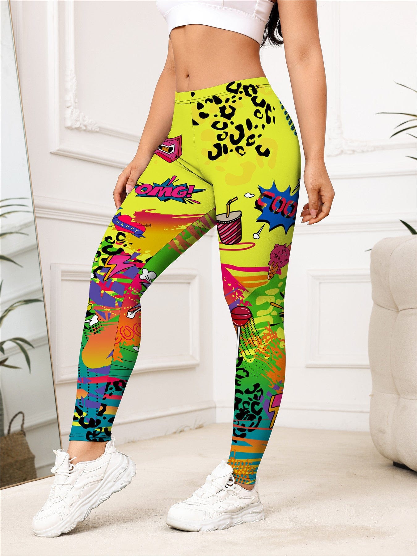 Yellow Cartoon Printed Sports Slim-fitting Leggings - ALLRJ