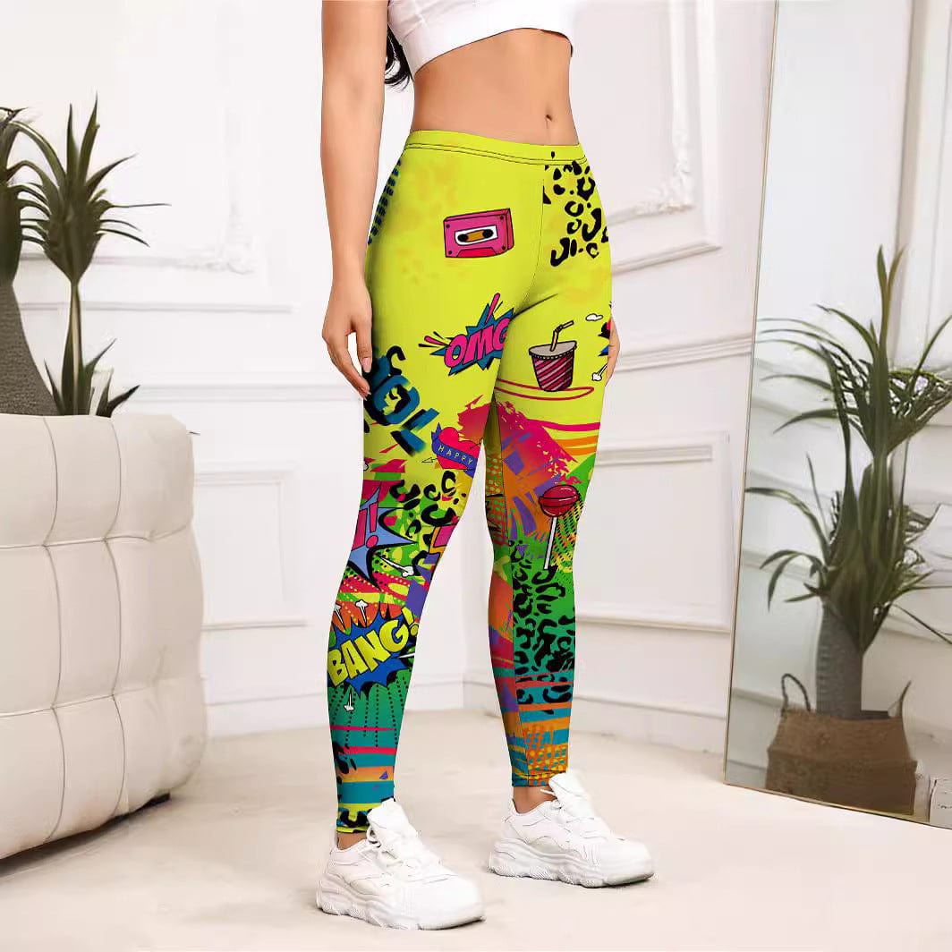 Yellow Cartoon Printed Sports Slim-fitting Leggings - ALLRJ