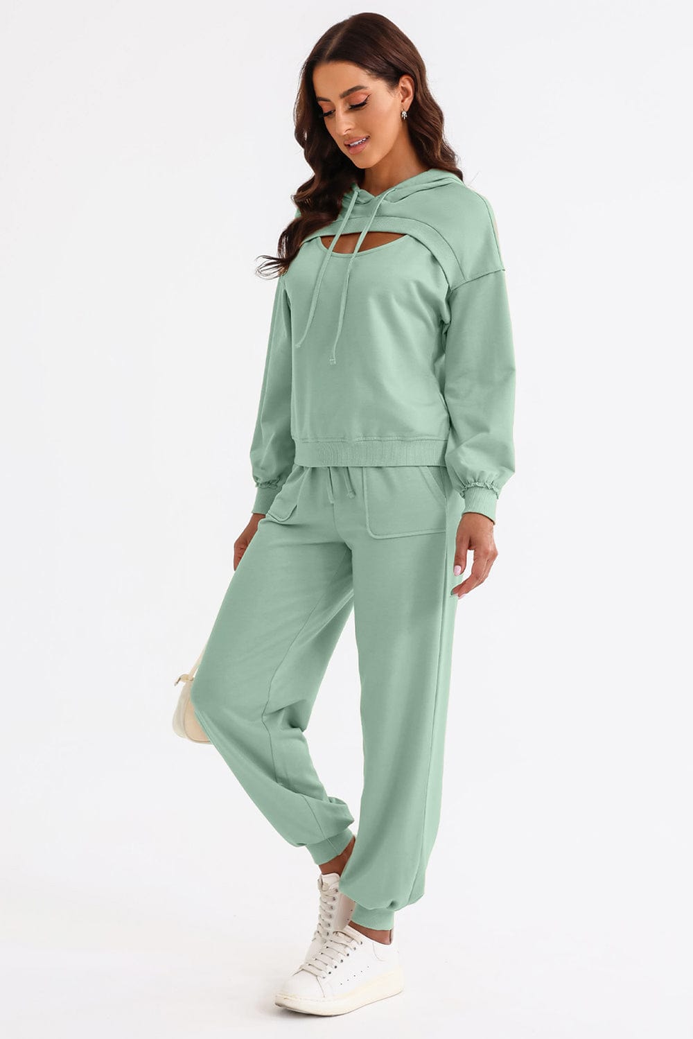 Trendsi Jogger set Gum Leaf / S Cutout Drawstring Hoodie and Joggers Active Set