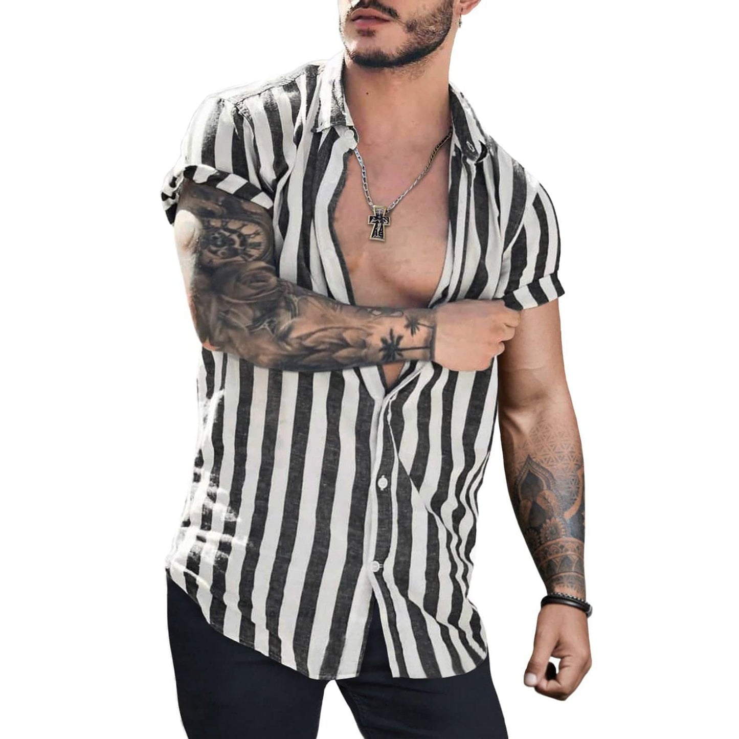 Men’s Lapel Striped Short Sleeve Shirt - ALLRJ