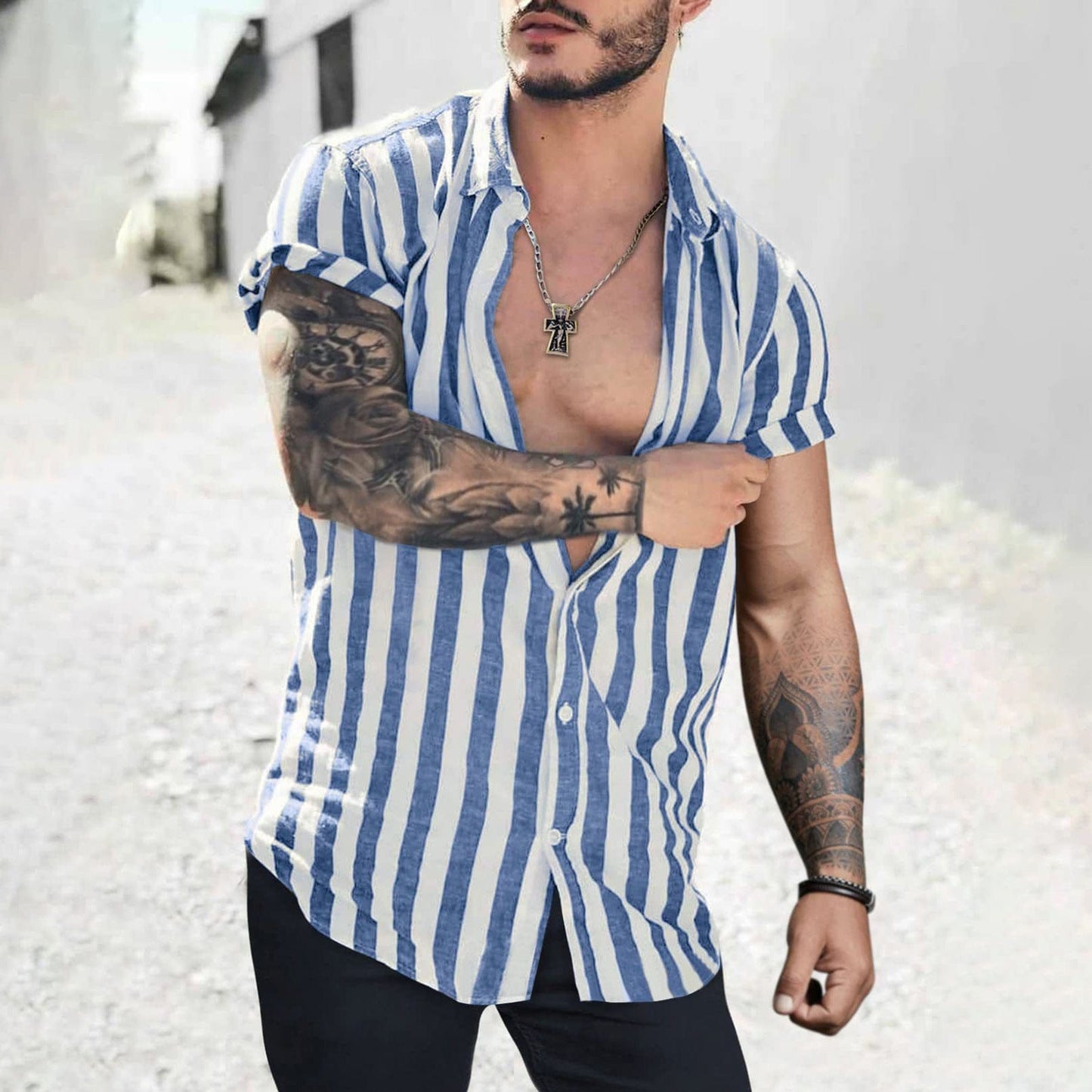 Men’s Lapel Striped Short Sleeve Shirt - ALLRJ