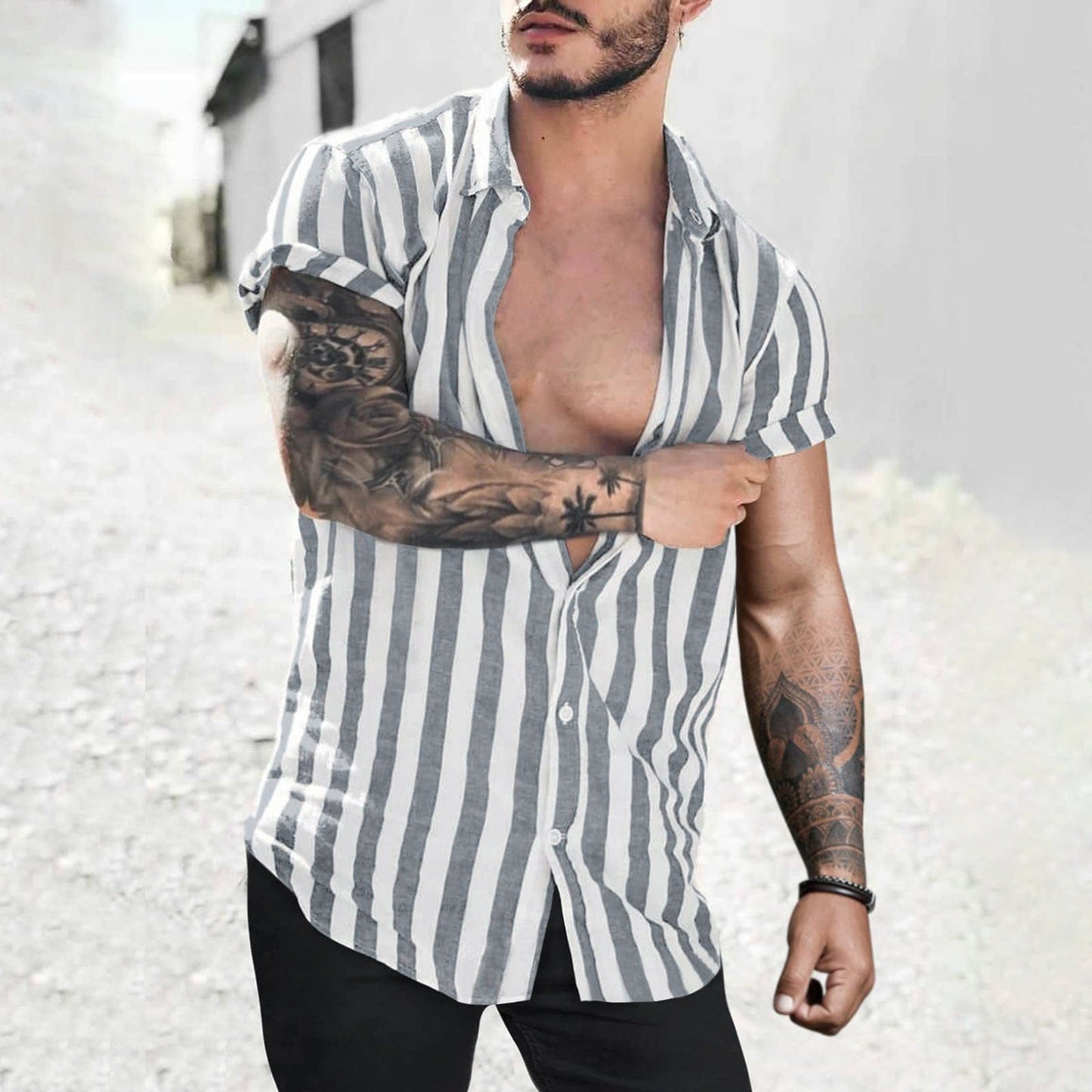 Men’s Lapel Striped Short Sleeve Shirt - ALLRJ