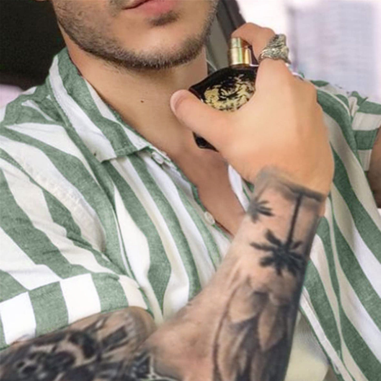 Men’s Lapel Striped Short Sleeve Shirt - ALLRJ