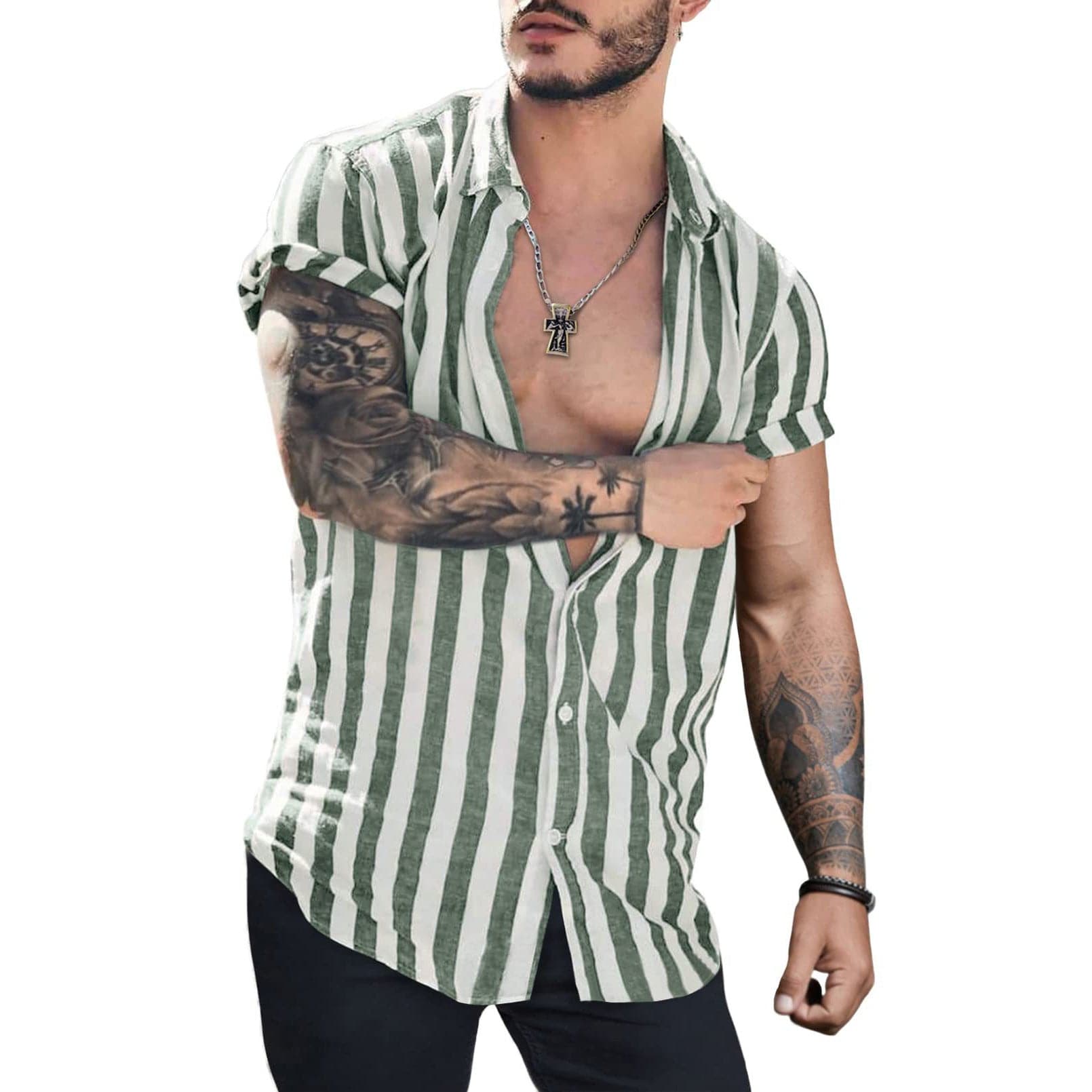 Men’s Lapel Striped Short Sleeve Shirt - ALLRJ