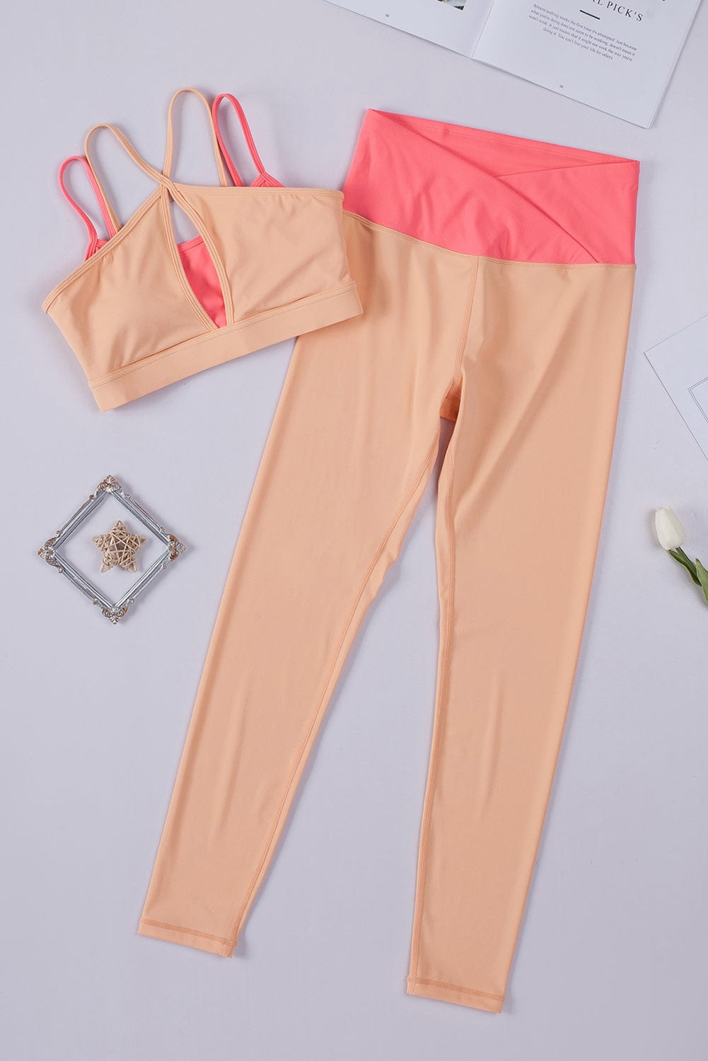 Orange Two-Tone Colorblock Bra Leggings Active Wear Set - ALLRJ