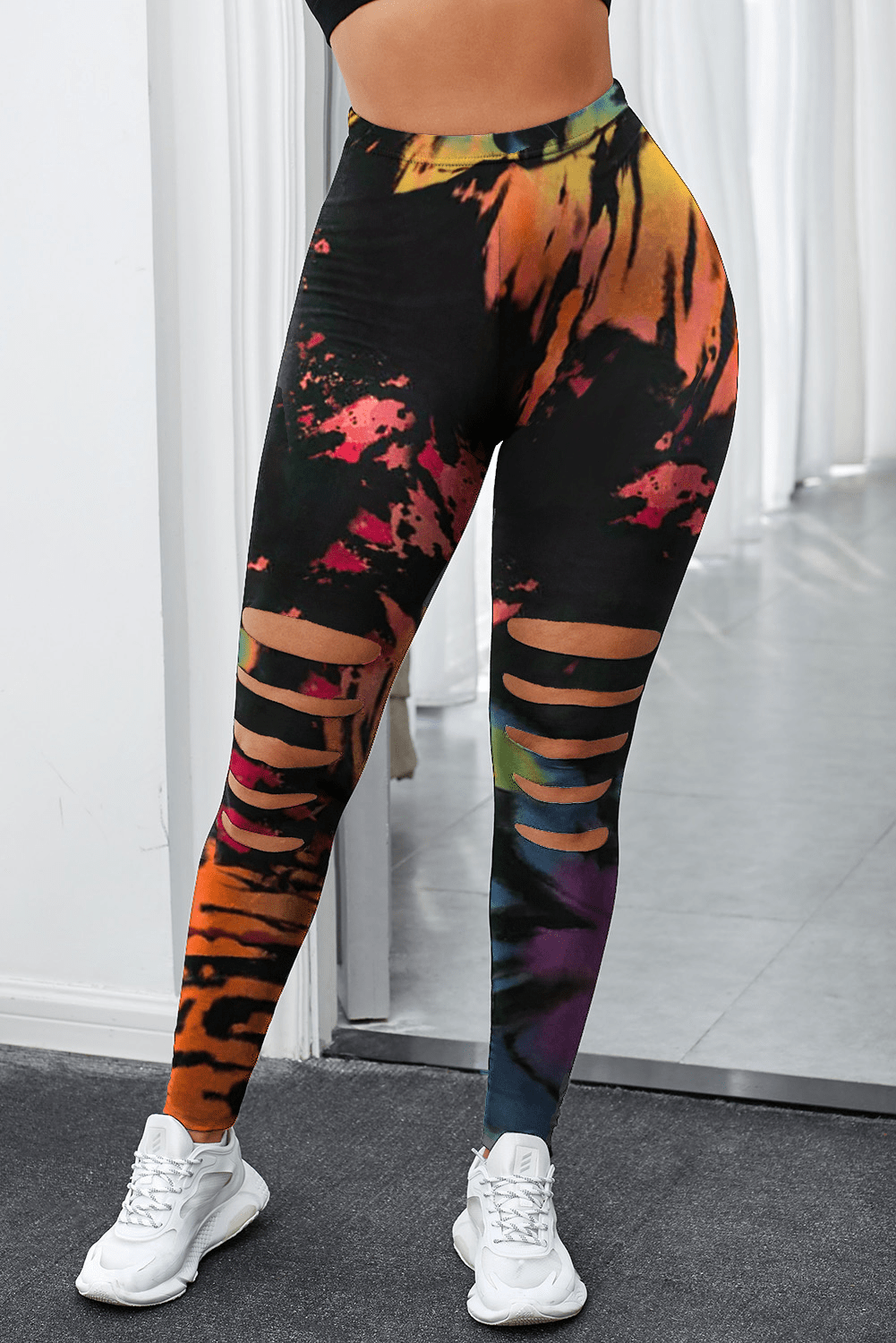 Multicolor Tie Dye Hollow Out Fitness Activewear Leggings - ALLRJ
