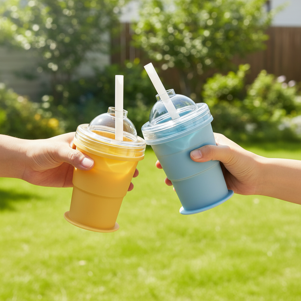 Two hands holding colorful drinks with straws in a garden setting