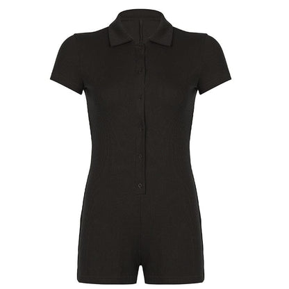 Women’s Lapel-Breasted Rib Skinny Casual Jumpsuit - ALLRJ