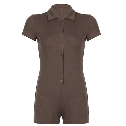 Women’s Lapel-Breasted Rib Skinny Casual Jumpsuit - ALLRJ