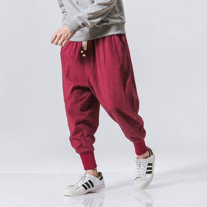 ALLRJ Harajuku pants Red / 2XL Chinese Style Harem Pants Men Streetwear Casual Joggers Mens Pants Cotton Linen Sweatpants Ankle-length Men Trousers M-5XL