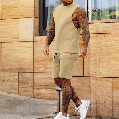 ALLRJ Men's shirt & shorts set Khaki / L Men's Athleisure Cropped Pants Sleeveless Top Two Piece Set