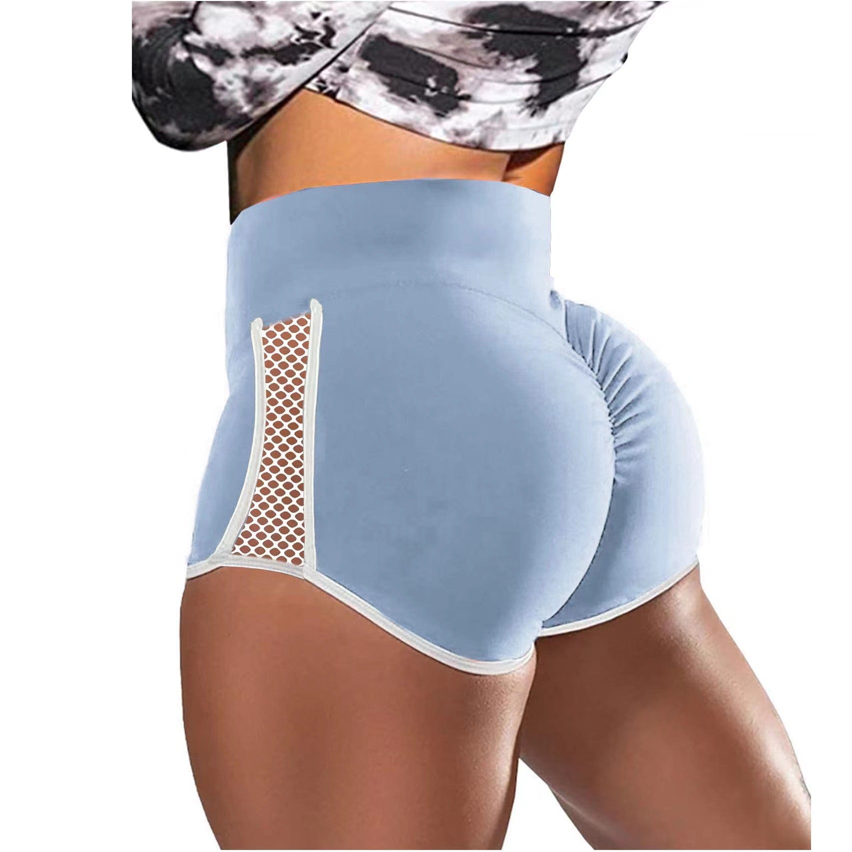 ALLRJ Sky Blue / L Cross-border European And American Foreign Trade Shorts High Waist Shaping Shorts Fitness Sports Pants Hollow Out Stitching Shorts