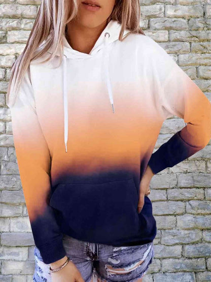 Gradient Drawstring Long Sleeve Hoodie - ALLRJ