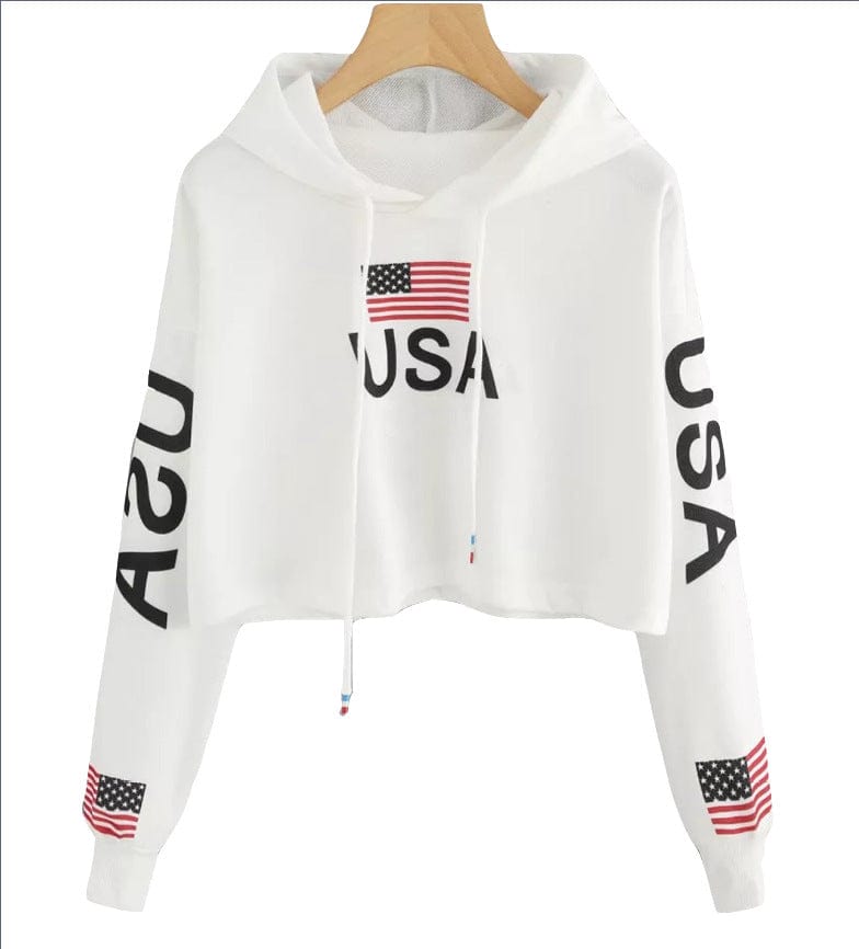 Ladies Flag Print USA Hoodie Top - ALLRJ