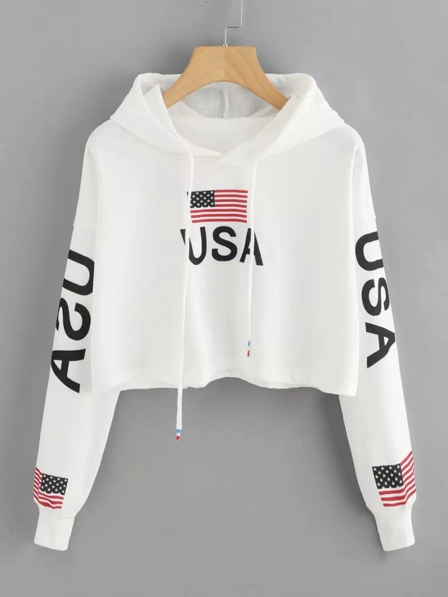 Ladies Flag Print USA Hoodie Top - ALLRJ