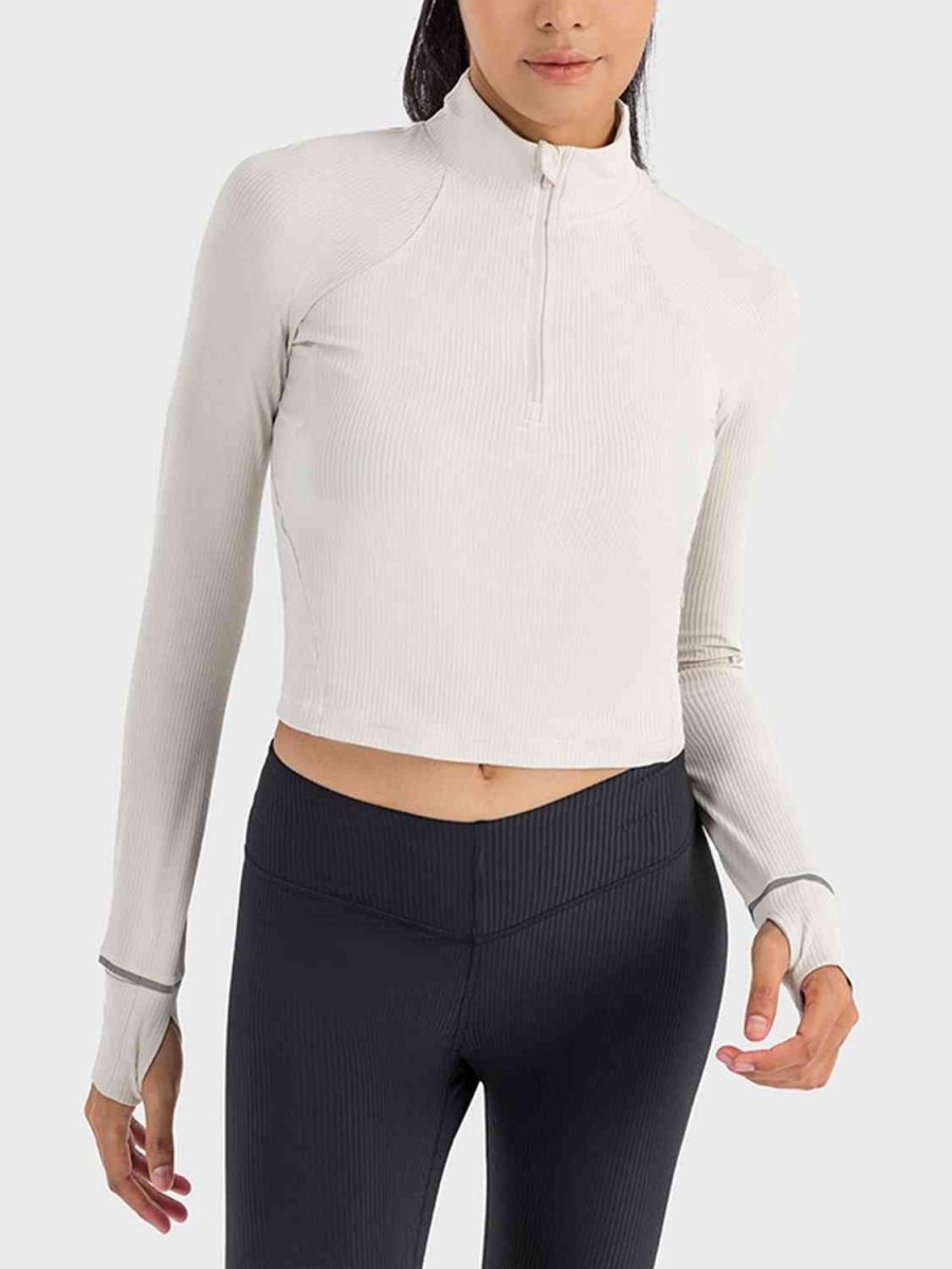 Mock Neck Half Zip Long Sleeve Sport Top - ALLRJ