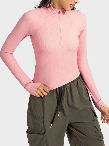 Mock Neck Half Zip Long Sleeve Sport Top - ALLRJ