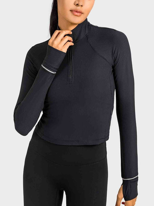 Mock Neck Half Zip Long Sleeve Sport Top - ALLRJ