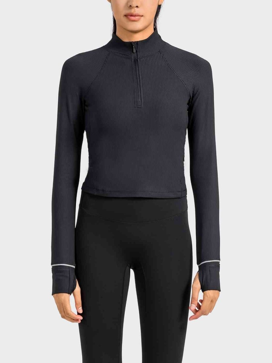 Mock Neck Half Zip Long Sleeve Sport Top - ALLRJ
