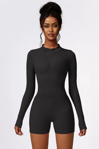 Trendsi Half Zip Long Sleeve Active Romper Black / S Half Zip Long Sleeve Active Romper