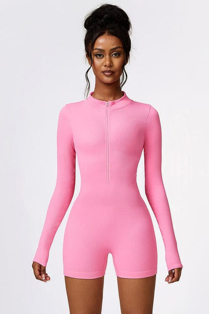 Trendsi Half Zip Long Sleeve Active Romper Fuchsia Pink / S Half Zip Long Sleeve Active Romper