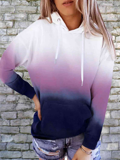 Gradient Drawstring Long Sleeve Hoodie - ALLRJ