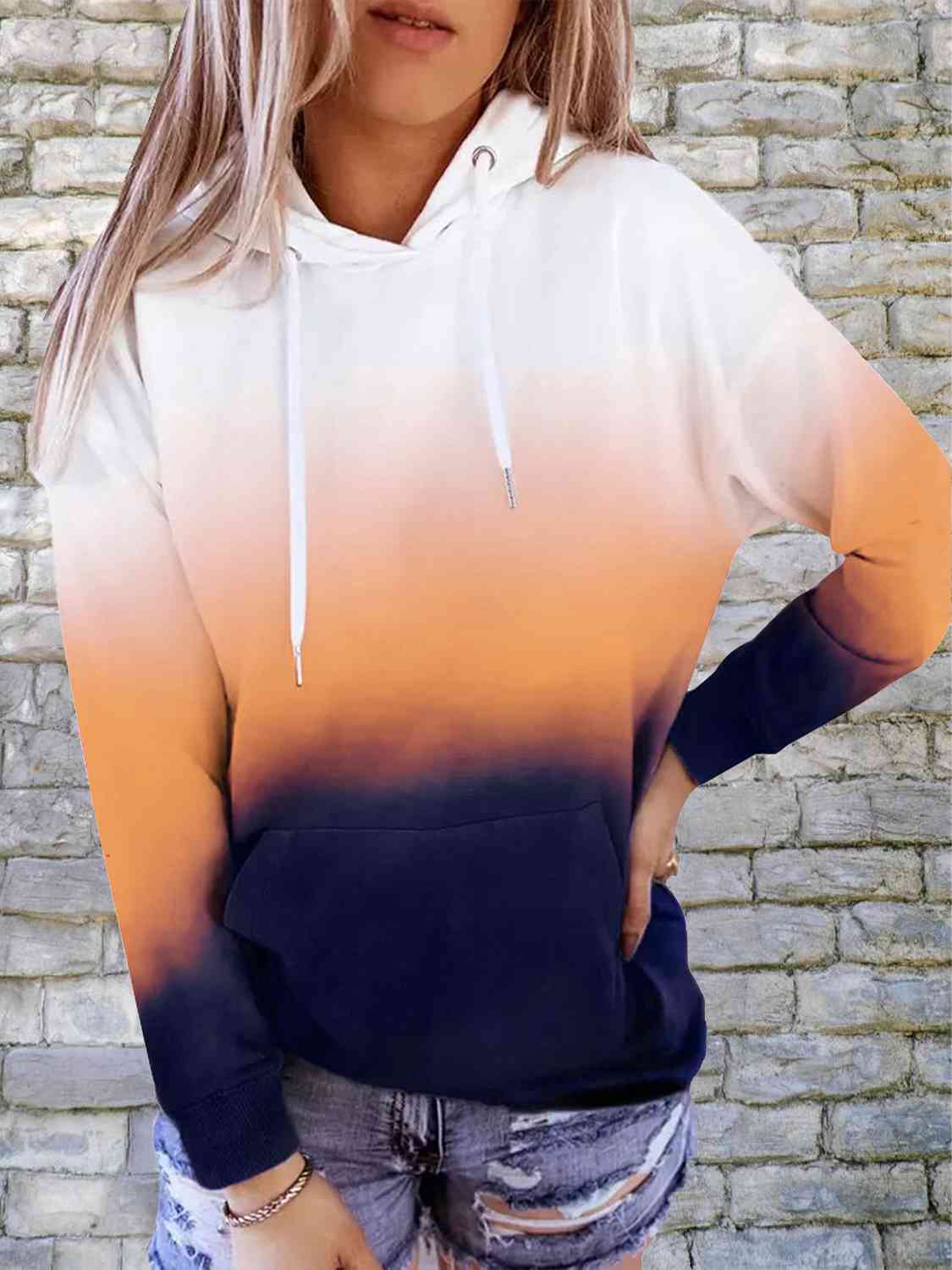 Trendsi Hoodie Tangerine / S Gradient Drawstring Long Sleeve Hoodie