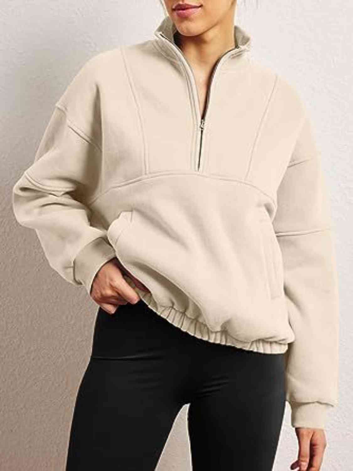 Trendsi Sweatshirt Beige / S Half-Zip Long Sleeve Sweatshirt
