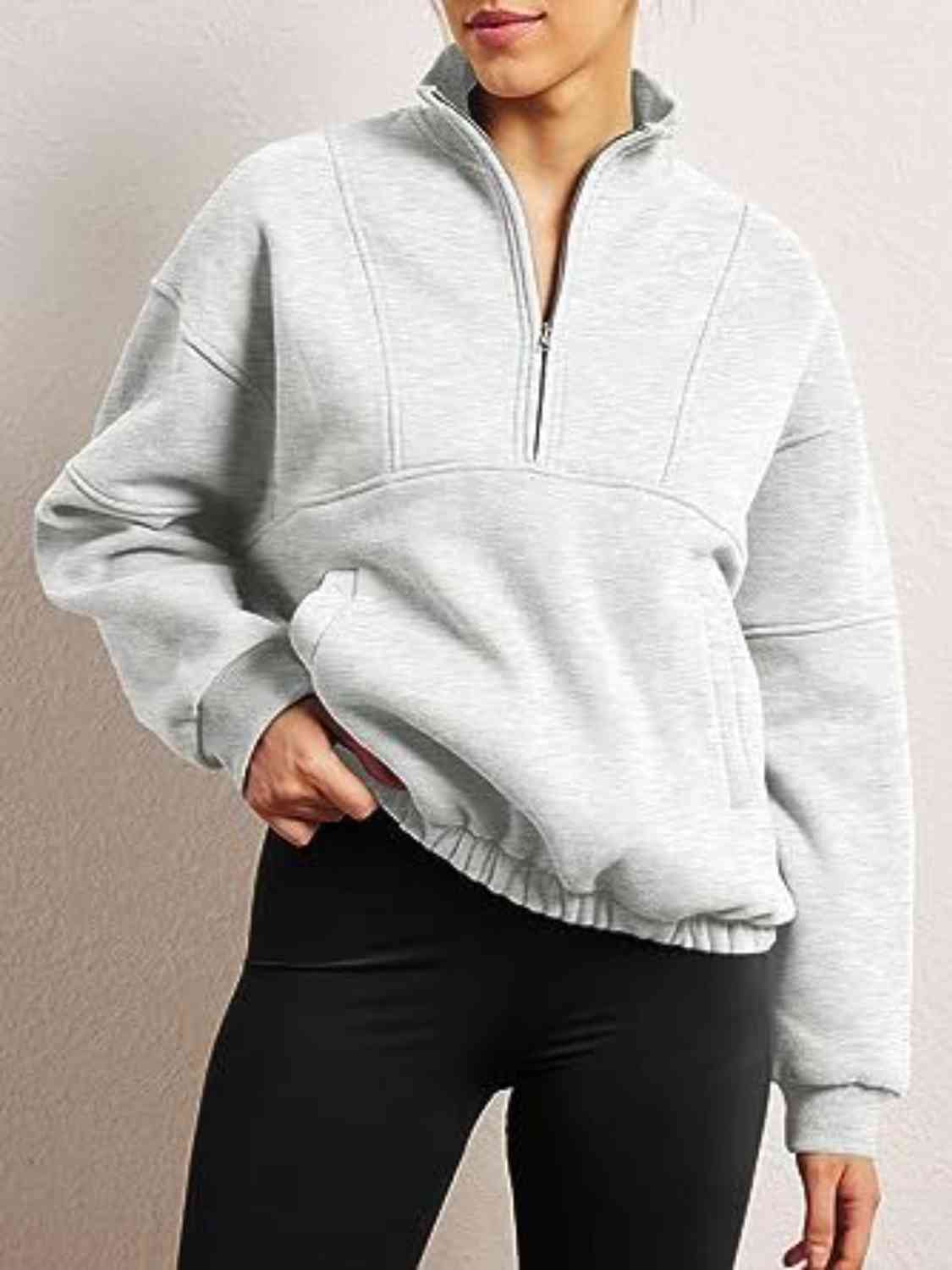 Trendsi Sweatshirt Light Gray / S Half-Zip Long Sleeve Sweatshirt