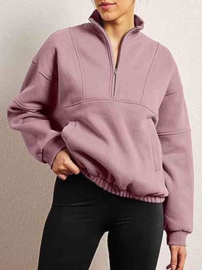 Trendsi Sweatshirt Light Mauve / S Half-Zip Long Sleeve Sweatshirt