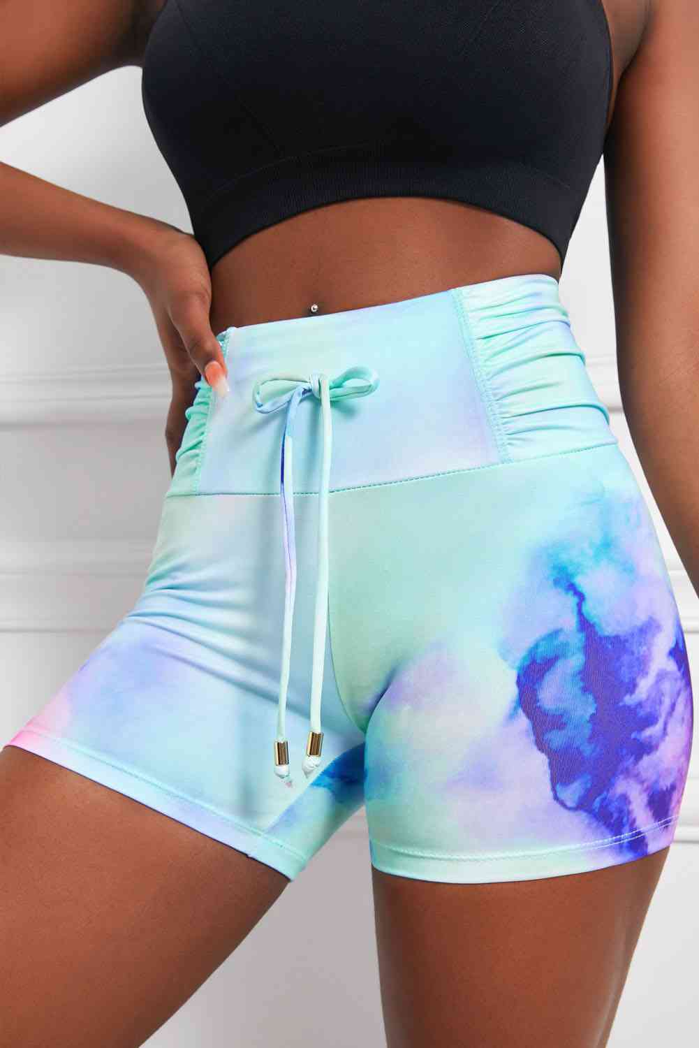 Tie-Dye Tie Detail Ruched Sports Shorts - ALLRJ