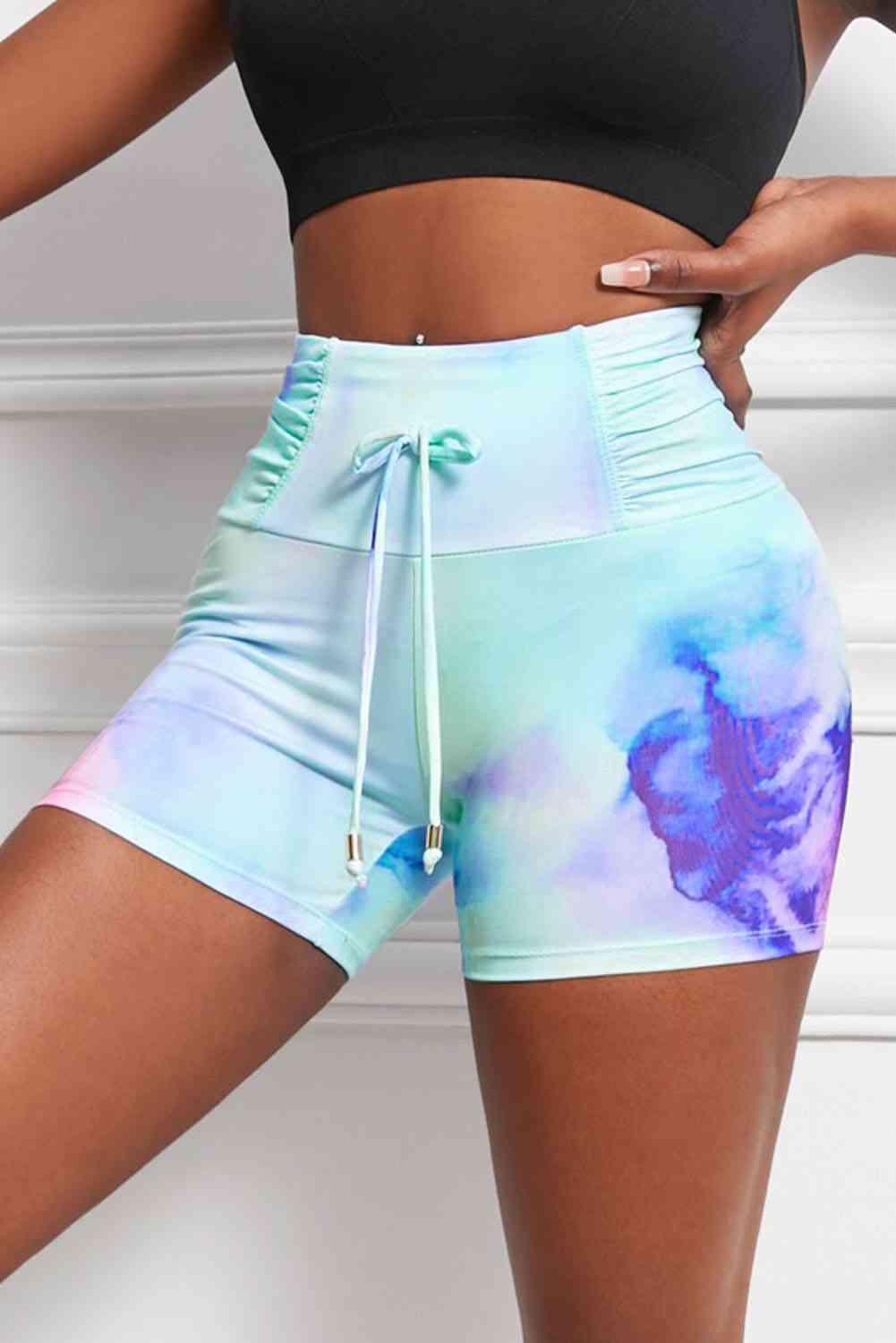 Tie-Dye Tie Detail Ruched Sports Shorts - ALLRJ