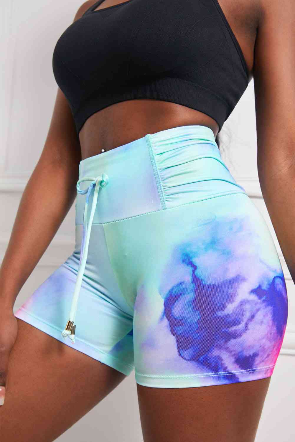 Tie-Dye Tie Detail Ruched Sports Shorts - ALLRJ