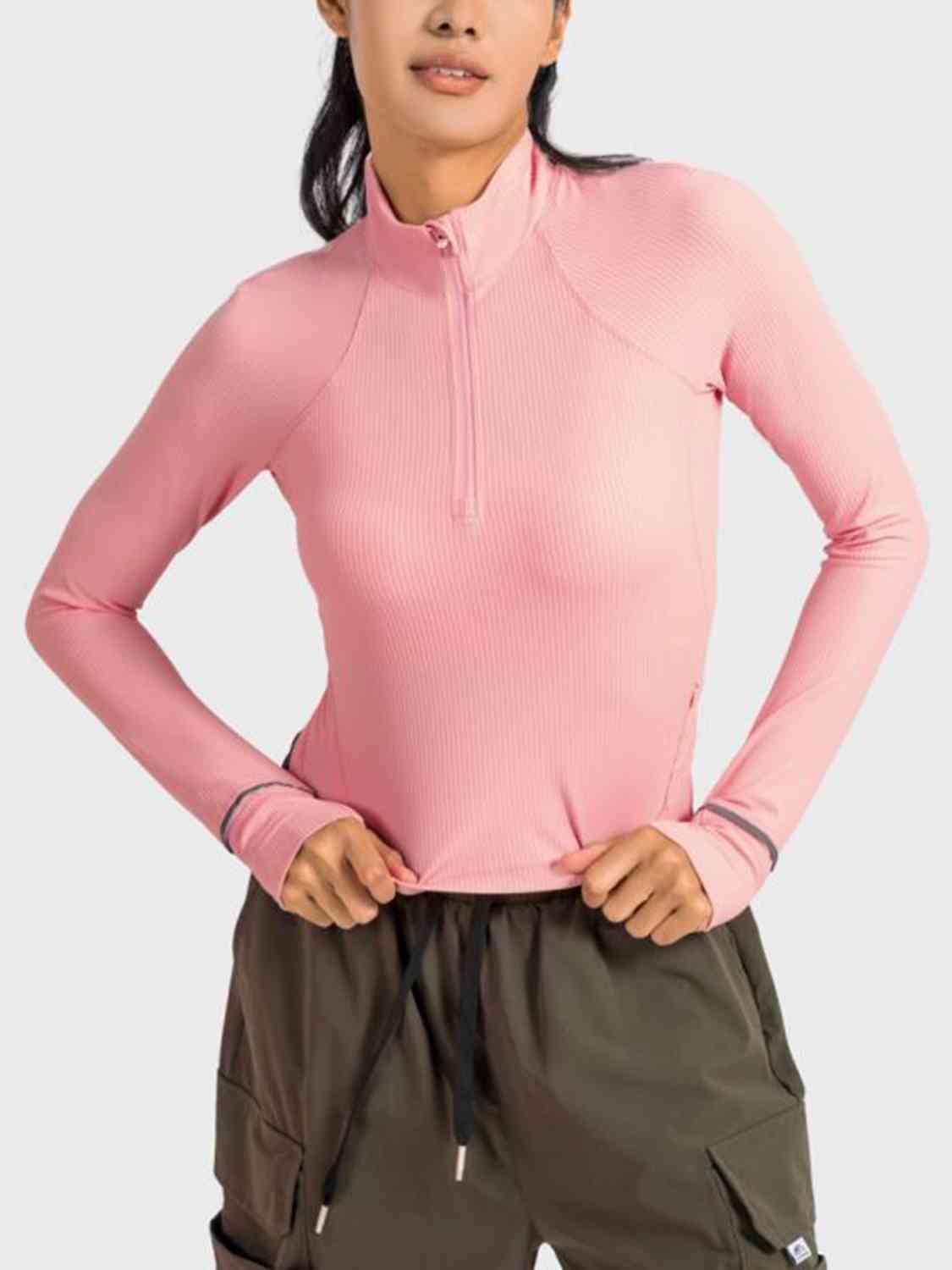 Trendsi Womens mock neck Blush Pink / 4 Mock Neck Half Zip Long Sleeve Sport Top