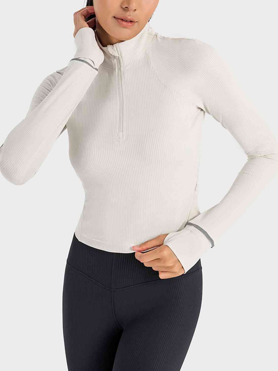 Mock Neck Half Zip Long Sleeve Sport Top - ALLRJ