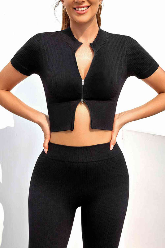 Trendsi Womens top Black / S Zip Front Short Sleeve Sports Top