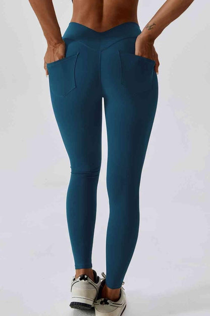 Wide Waistband Slim Fit Back Pocket Sports Leggings - ALLRJ