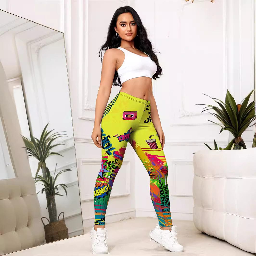 Yellow Cartoon Printed Sports Slim - fitting Leggings - ALLRJ