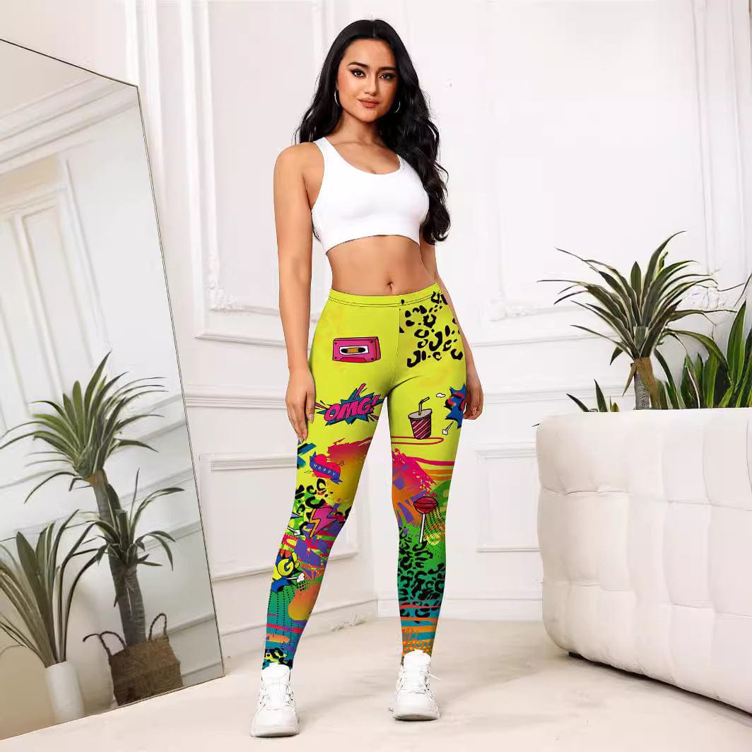 Yellow Cartoon Printed Sports Slim - fitting Leggings - ALLRJ