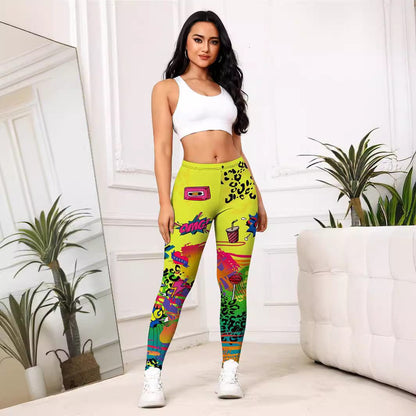 Yellow Cartoon Printed Sports Slim - fitting Leggings - ALLRJ