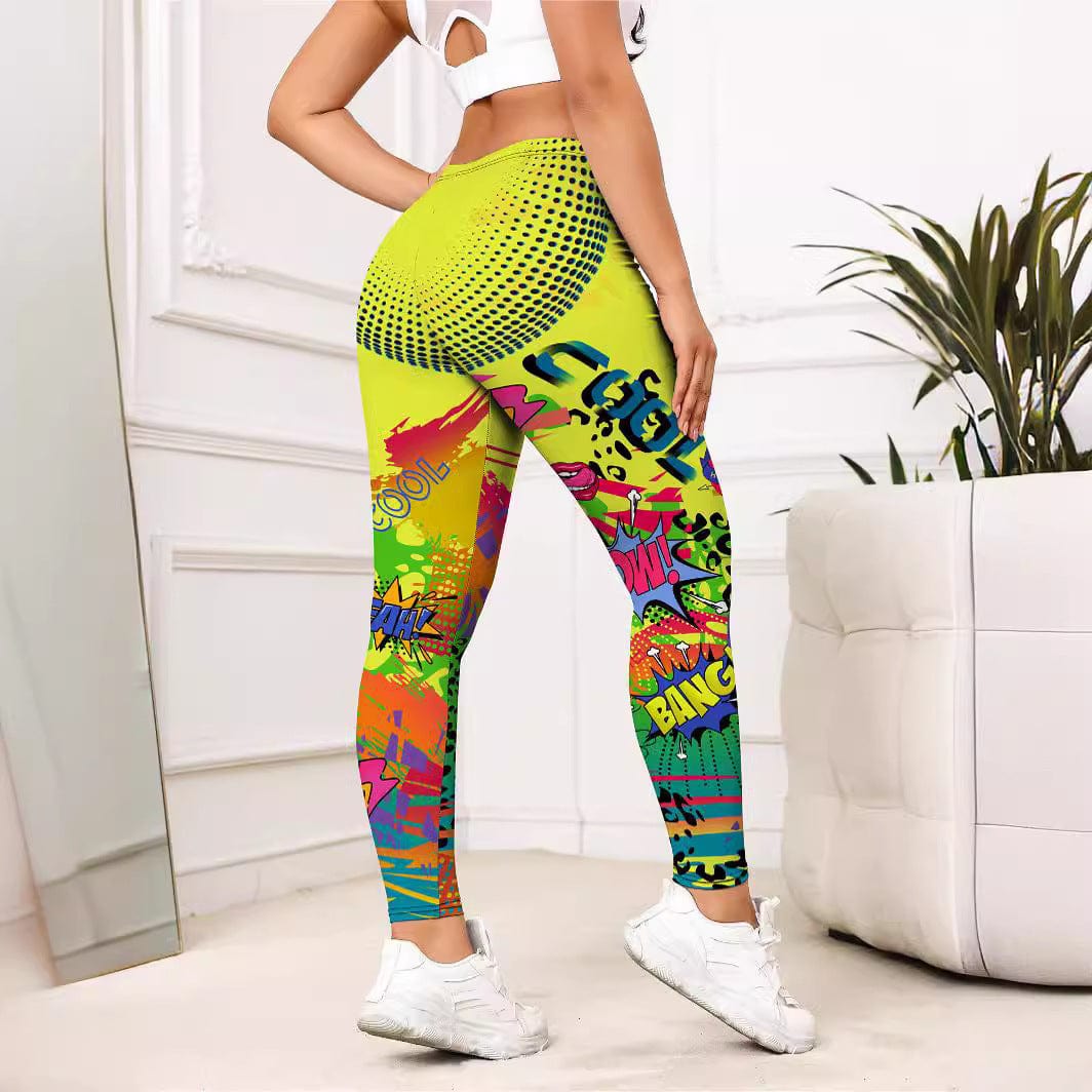 Yellow Cartoon Printed Sports Slim - fitting Leggings - ALLRJ