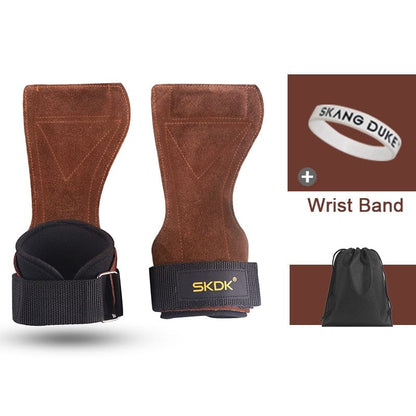 Pro Cowhide anti-skid weight lifting grip Brown and Band