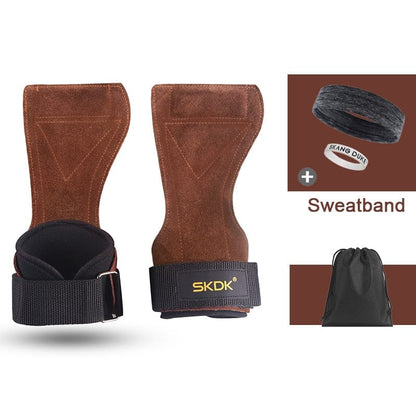 Pro Cowhide anti-skid weight lifting grip Brown and Sweatband