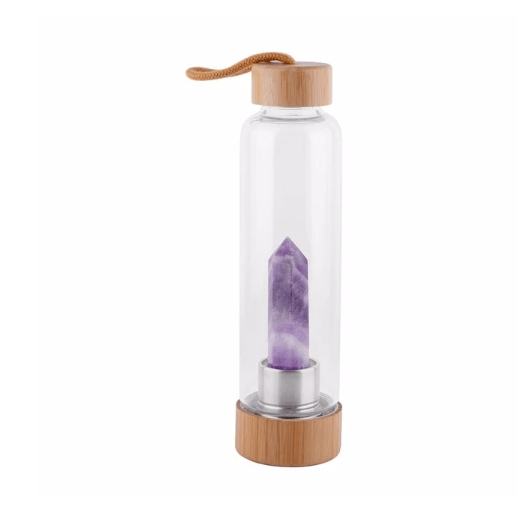 Crystal Infused Elixir Glass & Bamboo Water Bottle Purple