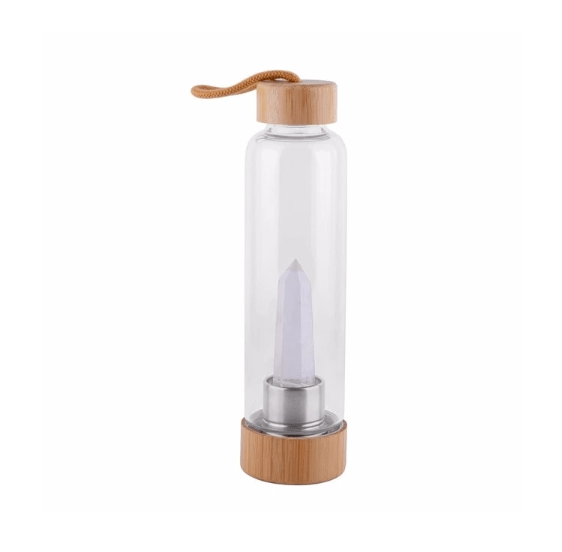 Crystal Infused Elixir Glass & Bamboo Water Bottle White