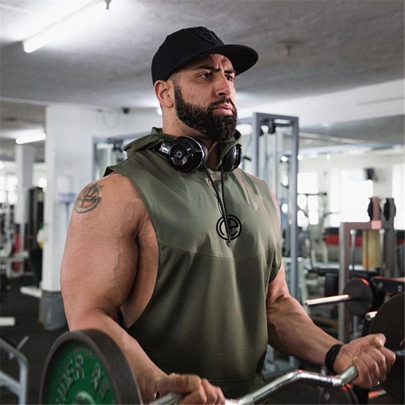 Bodybuilding sleeveless hooded vest Army Green