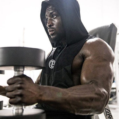 Bodybuilding sleeveless hooded vest Black