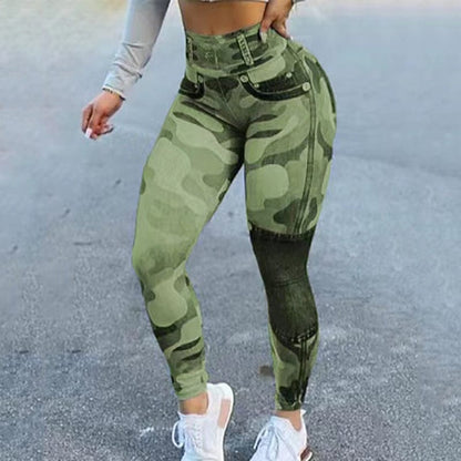 Allrj Women's Camo Jean Print Leggings Green