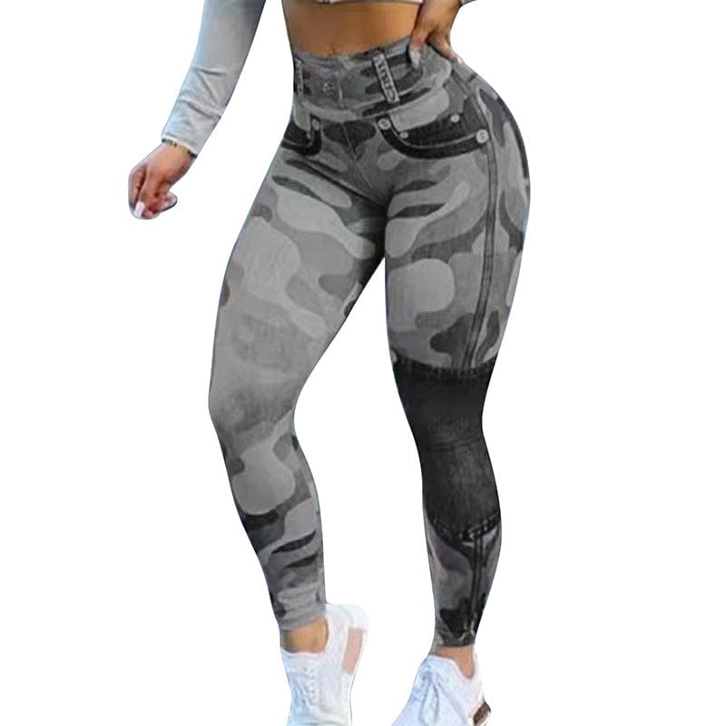 Allrj Women's Camo Jean Print Leggings Grey