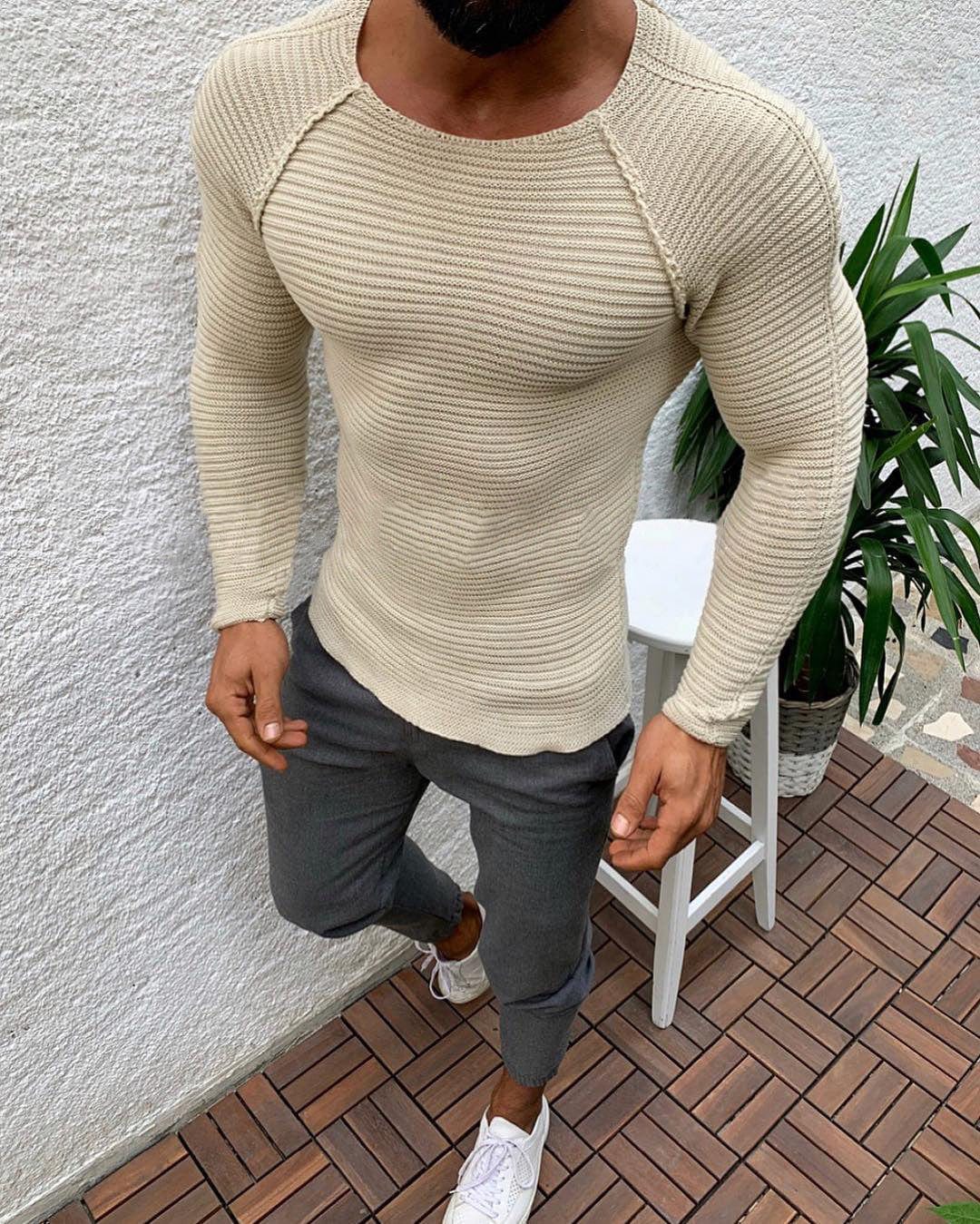 Slim-fit Long-sleeved Round Neck Knit Pullover Shirt Apricot